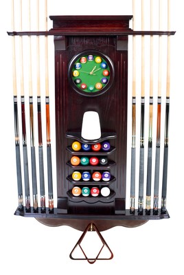 Cue Rack Only- 10 Pool - Billiard Stick & Balll Wall Stand W/ Clock Mahogany Finish